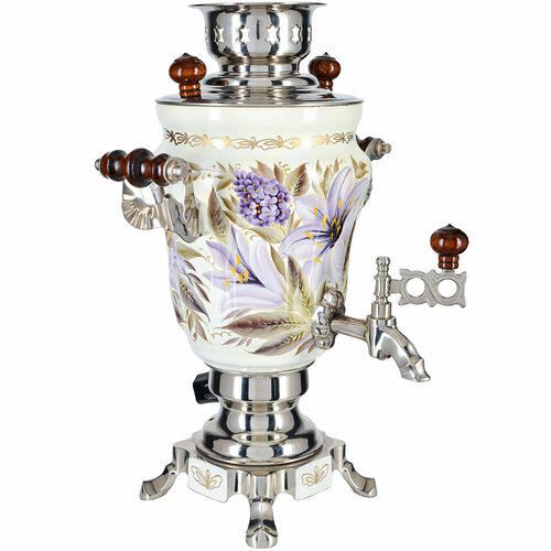 Самовар электрический 1,5 литра с художественной росписью «Лилии на белом в серебре» формы «Тюльпан»
