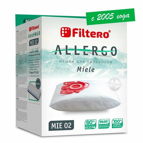 мешок для пылесоса filtero mie 02 4 allergo Мешки-пылесборники Filtero MIE 02 Allergo для пылесосов MIELE S/SDA/SDB/SDC/SDM, 4 штуки, моторный и микрофильтр