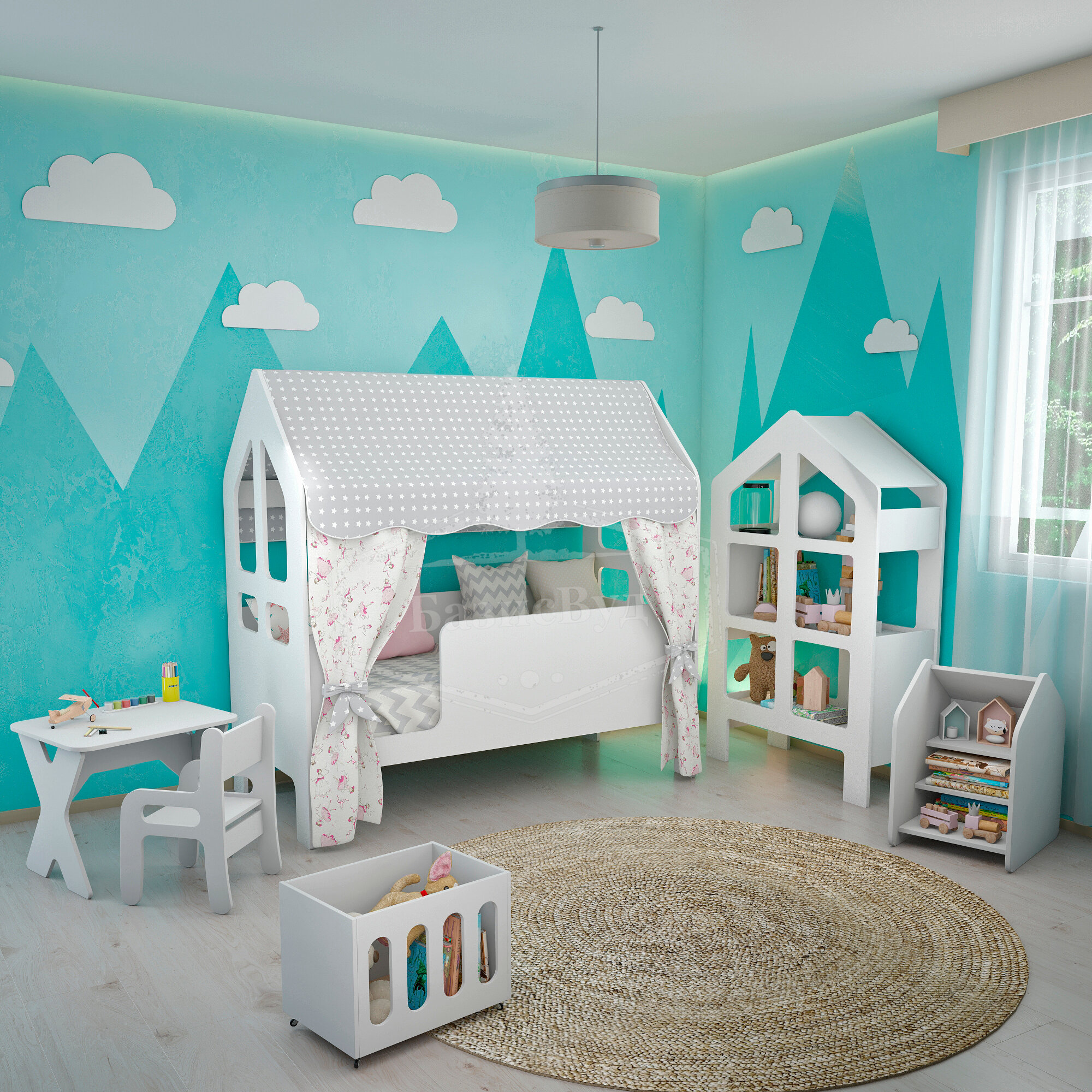 Кровать детская домик "Сладкий сон" с текстилем (Вход слева , серый, с принцессами)