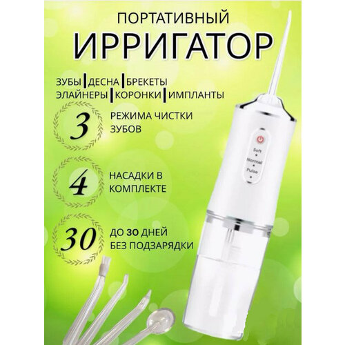 Ирригатор для чистки полости рта и зубов портативный с комплектом насадок и кабелем USB белый 1310₽