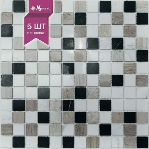 Изображение товара Мозаика из мрамора NSmosaic KP-746, полированная белая/черная/серая, 298х298 мм, чип 23x23 мм, упаковка 5 шт