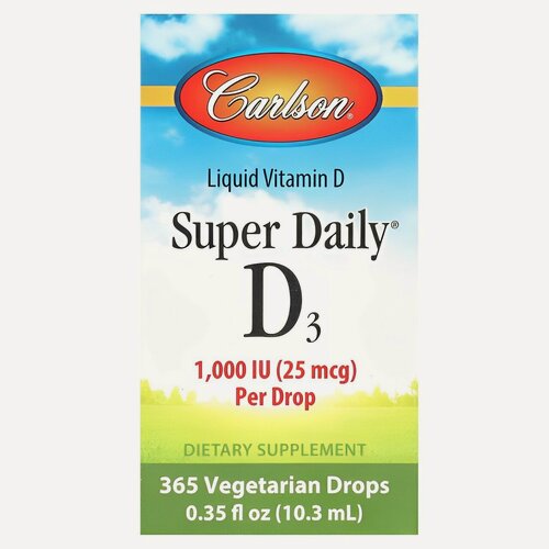 Изображение товара Super Daily D3, Carlson, витамин D3, 25 мкг (1000 МЕ), 10,3 мл (0,35 жидк. унции)