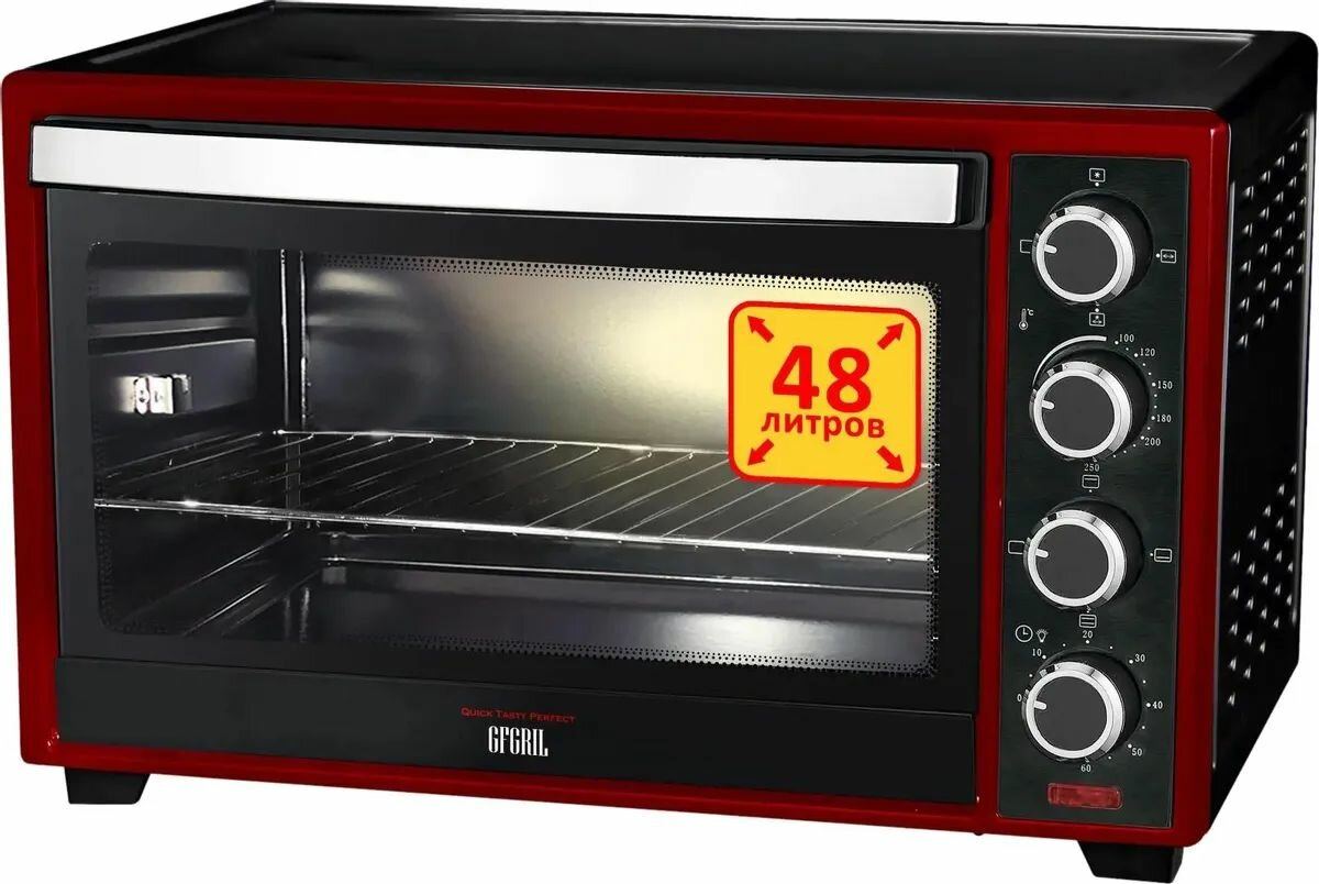 Мини-печь GFGril GFO-48BR, вертел, гриль, конвекция, механическое управление, 2000 Вт, красная