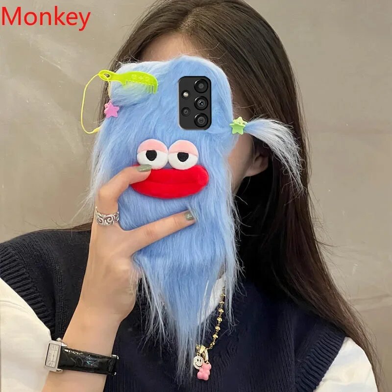 3D корейский забавный пушистый плюшевый чехол-монстр для Samsung S24 S23 S22 S21 S20 Note 20 A04S A14 A24 A34 A54 Мягкий чехол с милым мехом для девочек