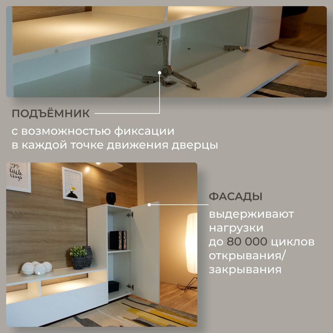 Стенка в гостиную Лия с полками (2шт) и доводчиками, стенка для зала, мебель в гостиную, 213х35х168см белый глянец — фото 1