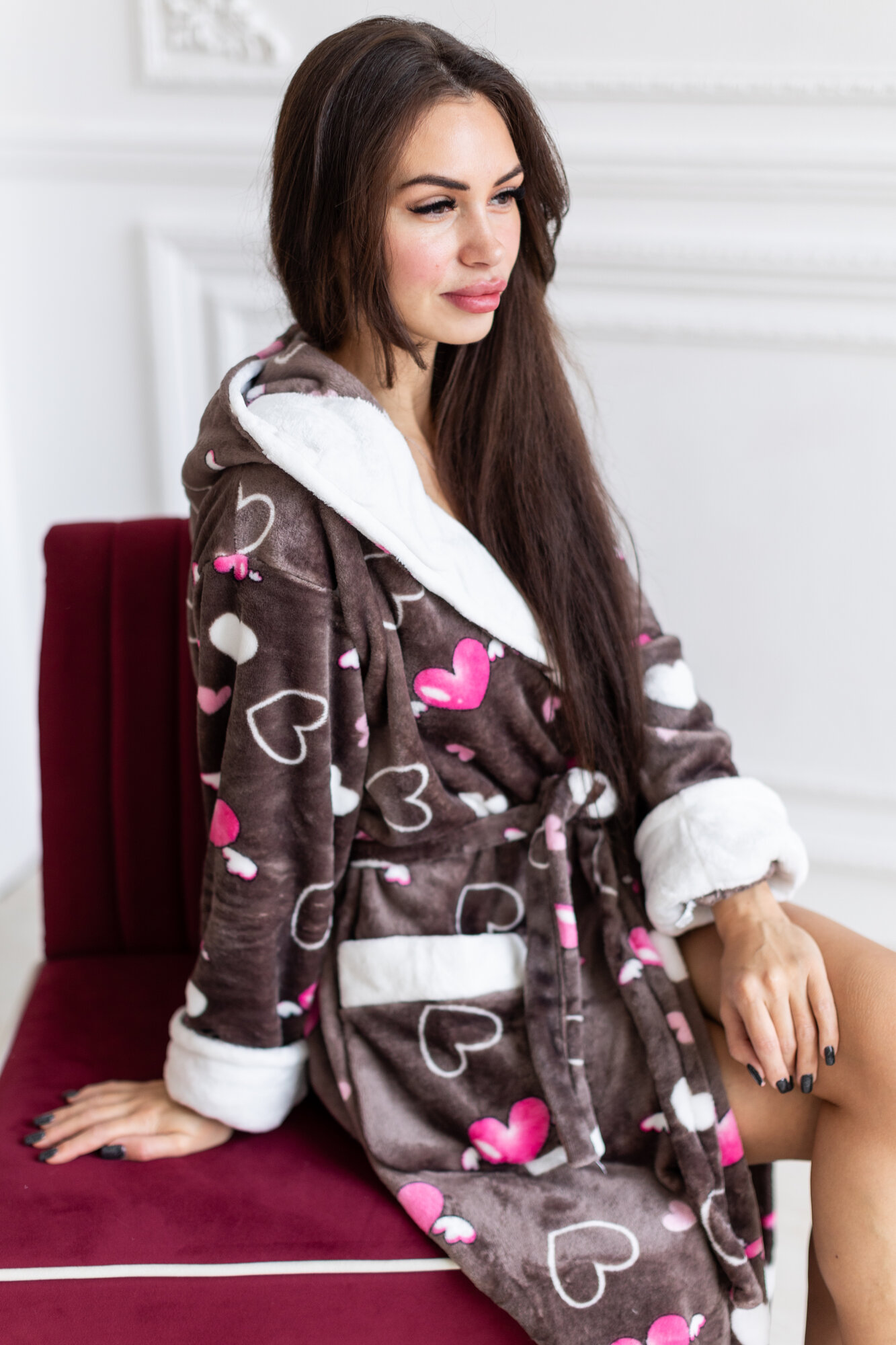 Халат Comfort FASHION домашний теплый женский с капюшоном на запах, размер XL, коричневый — фото 1