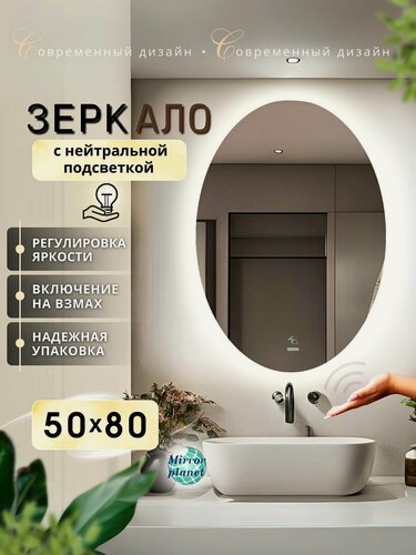 Изображение товара Зеркало настенное с подсветкой в ванную овальное 50х80 см нейтральный свет управление на взмах Mirror Planet