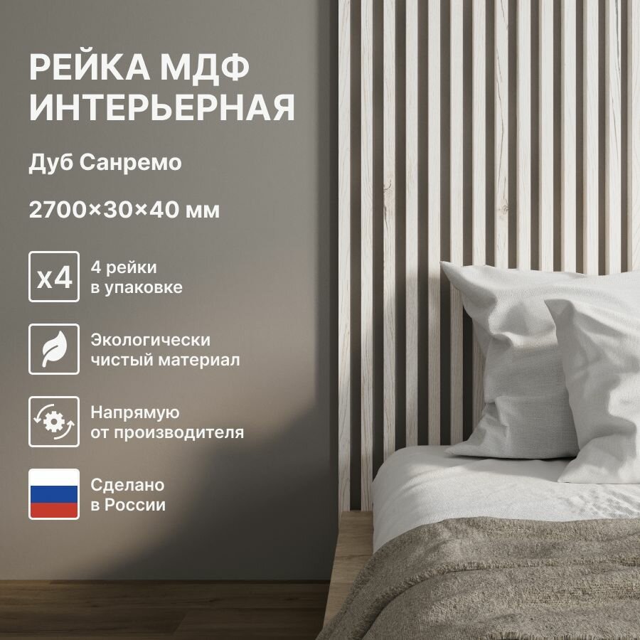 Рейка интерьерная МДФ декоративная как деревянная; для стен зонирования комнаты потолка для перегородки или ниши; Цвет Дуб Санремо Белый 2700*30*40 мм (упаковка 4 штуки)