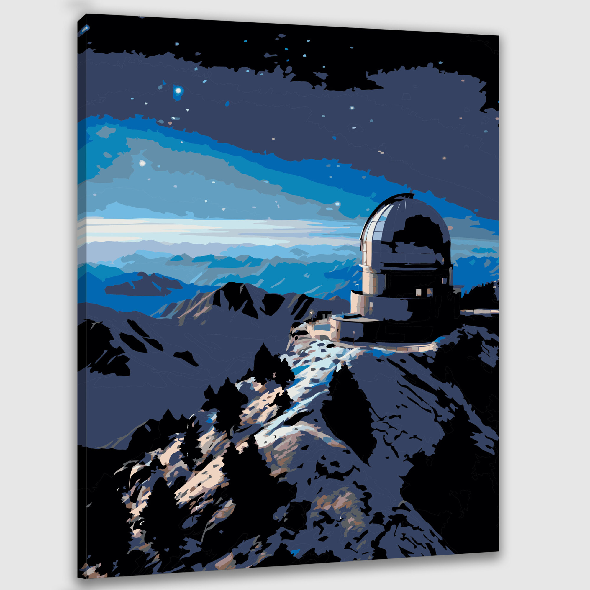 Картина по номерам 40x50 см, фотография, обсерватория, горный пик, ночное небо, куполообразная крыша, телескопы, звезды