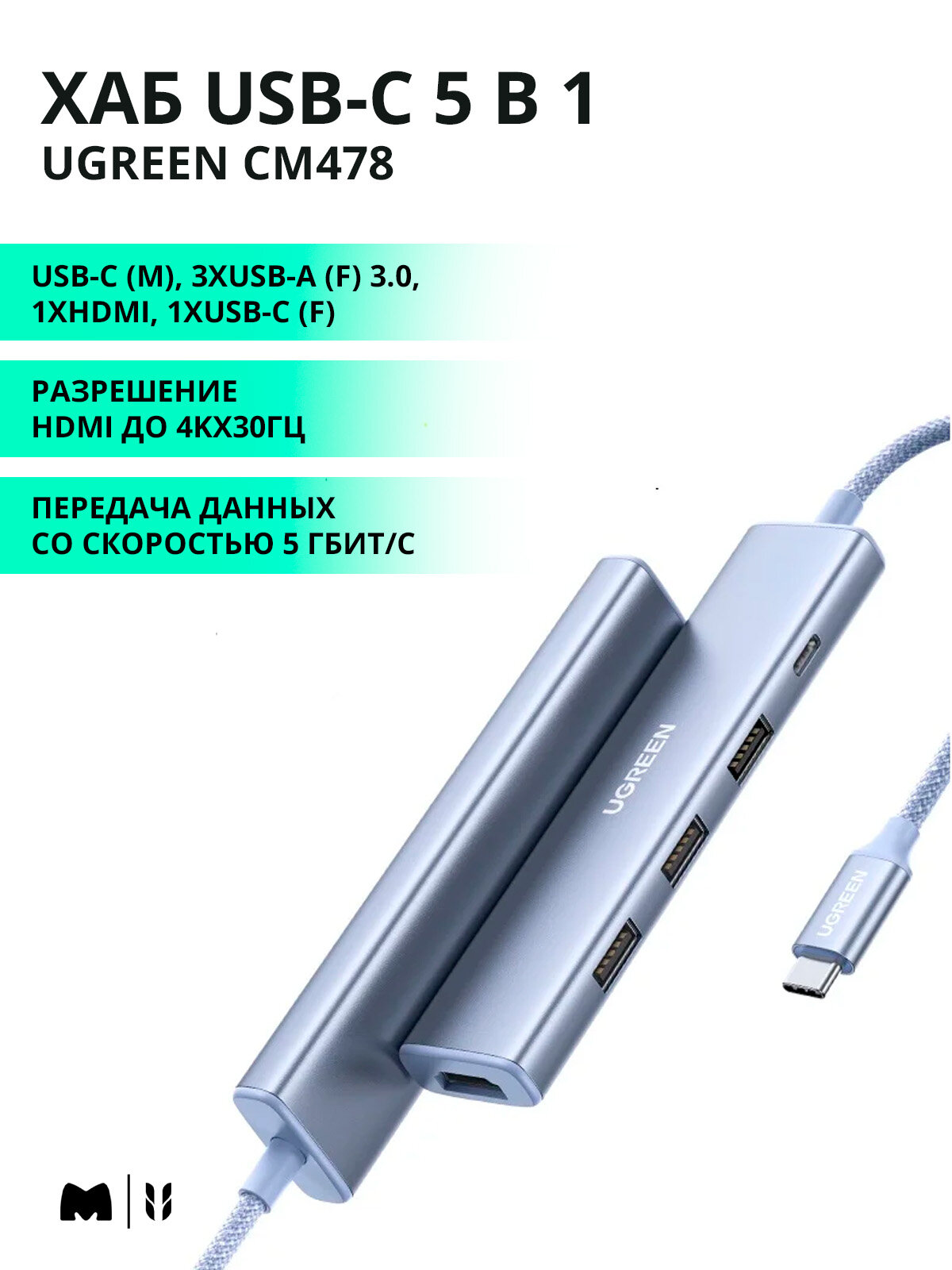 USB-концентратор (хаб) многофункциональный Ugreen CM478 USB-C - HDMI 4Kх30Гц+3хUSB 3.0 A+PD, цвет синий (35581)