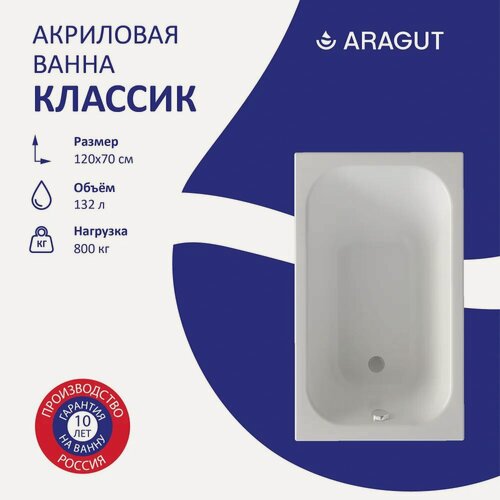 Изображение товара Акриловая ванна ARAGUT Классик 119x69, на ножках, пристенная, белая, глянцевая, прямоугольная, антискользящее покрытие