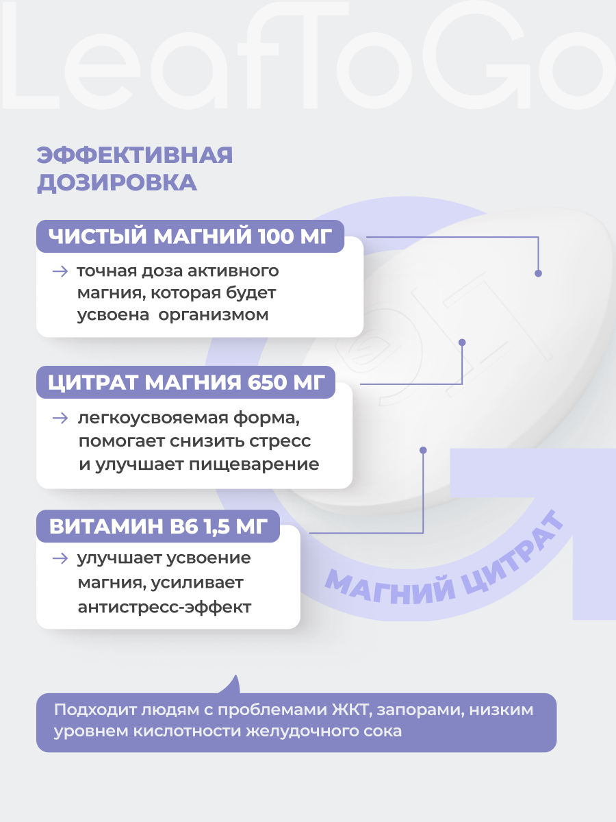Магний Цитрат 650мг + B6 LeafToGo, снижение стресса и здоровый сон, 300 таблеток — фото 1