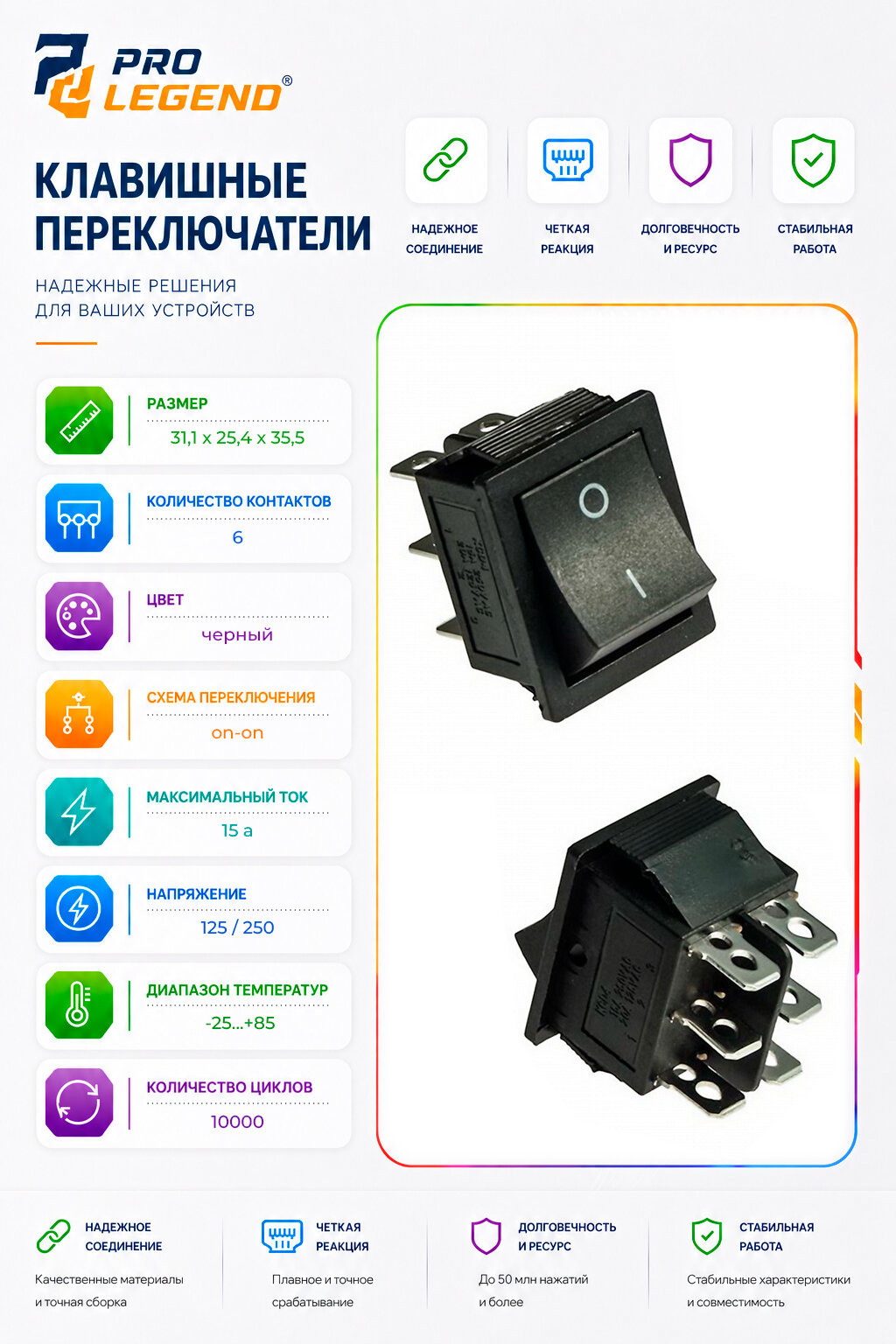 Клавишный переключатель 6 контактов ON-ON, черный
