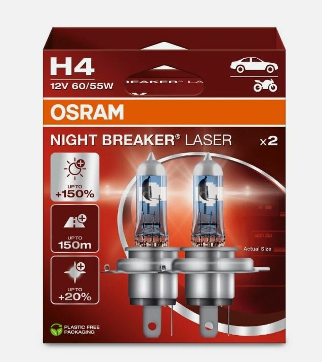 Лампа 12V H4 60/55W 1650/1000lm P43t OSRAM NIGHT BREAKER LASER 2 шт. 64193NL-2HB