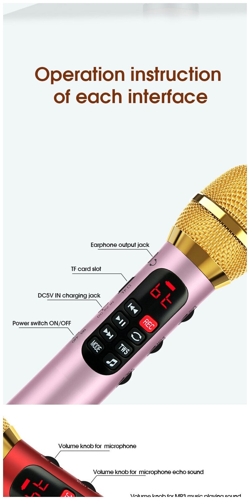 Профессиональный караоке-микрофон L-1038DSP 25W золотой