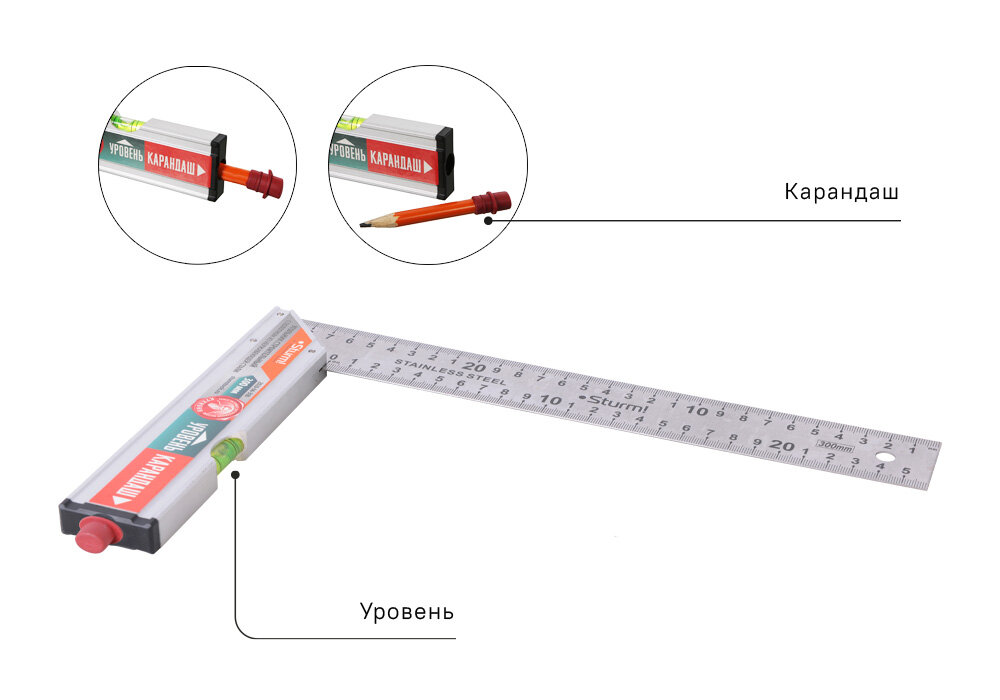 Угольник Sturm! 2020-06-300 со встроенными уровнем и карандашом