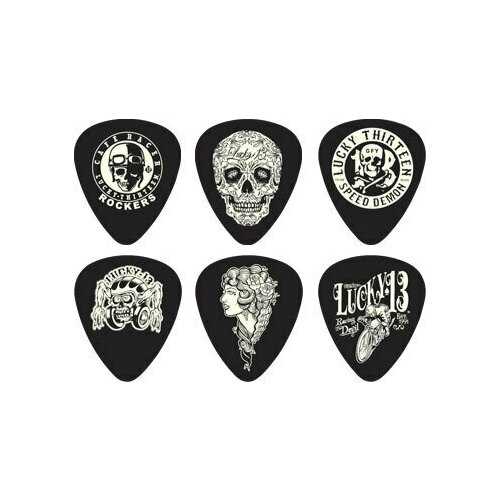 Медиаторы, толщина 0.6 мм, 6 рисунков, 6 шт. Dunlop Lucky 13 L13CP060 6Pack медиаторы dunlop sanpt02h carlos santana упаковка 6 шт