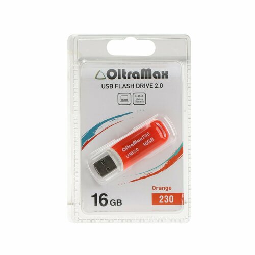 Флешка OltraMax 230, 16 Гб, USB2.0, чт до 15 Мб/с, зап до 8 Мб/с, оранжевая