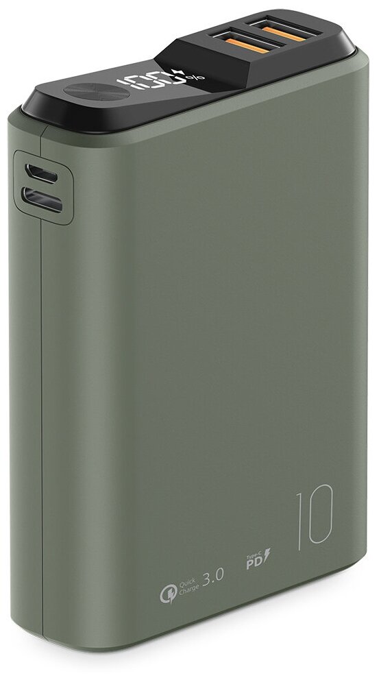 Внешний аккумулятор Power bank QS-10/ 10000 mAh / быстрая зарядка QuickCharge3.0 и PowerDelivery 18 W / пауэрбанк / LCD дисплей / темно-зеленый