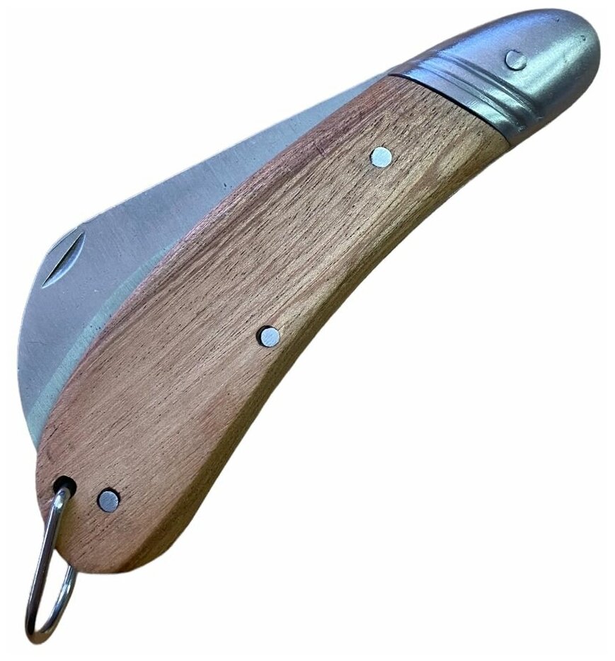 Садовый нож складной санитарный, изогнутое лезвие, деревянная рукоятка, петля