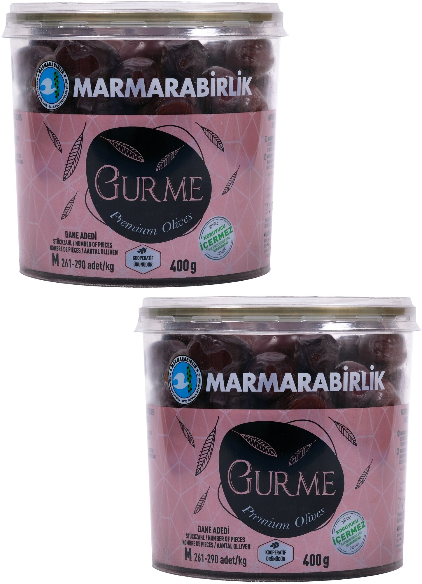 Оливки черные натуральные MARMARABIRLIK Gurme M (261-290), с косточкой, пл/б, нетто 410 г. (2 шт. в спайке, нетто 820 г)