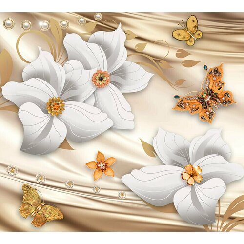 Моющиеся виниловые фотообои GrandPiK Белые цветы и золотые бабочки, 300х270 см