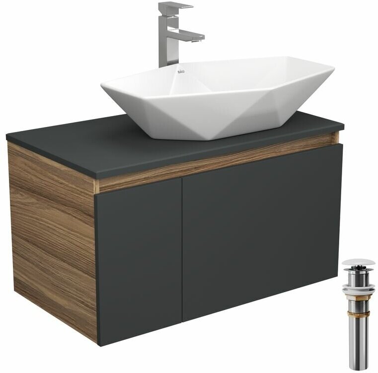 Комплект для ванной, 4 предмета (тумба Bau 80, графит + раковина на столешницу BAU Crystal 64х40 + смеситель Hotel Still, выпуск клик-клак, белый)