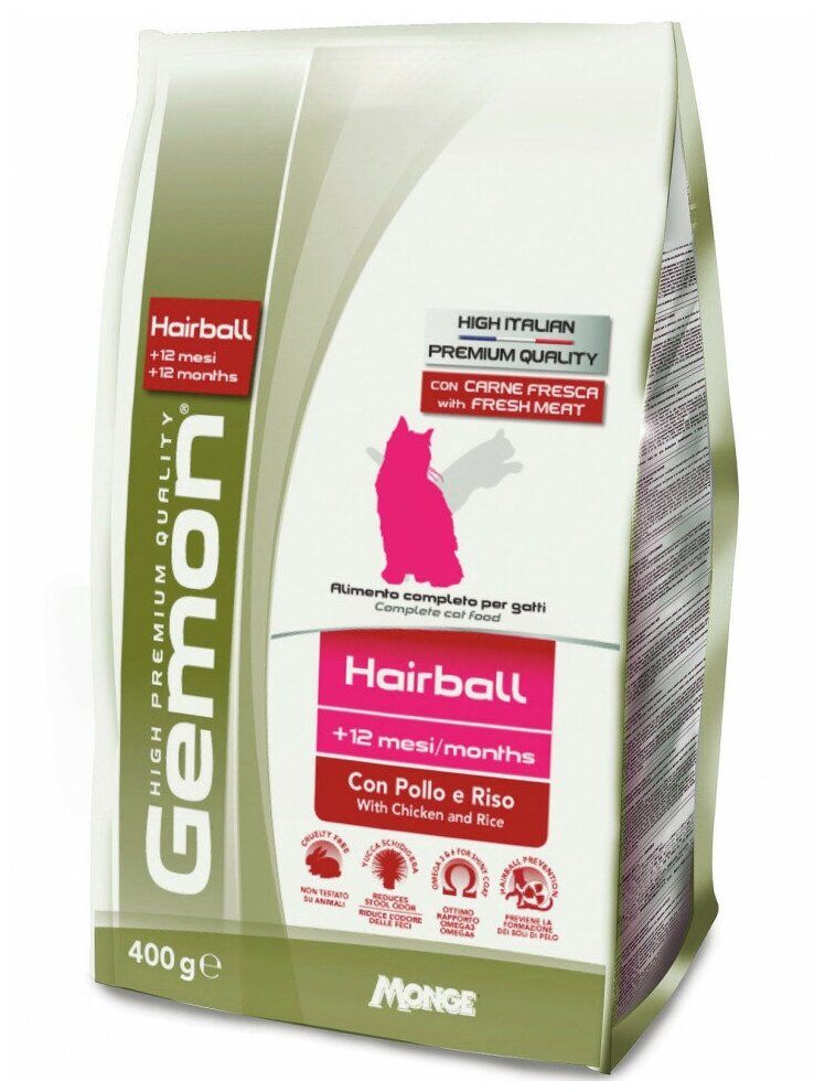 Gemon Cat Hairball корм для выведение шерсти для взрослых кошек с курицей и рисом 400г - фотография № 12