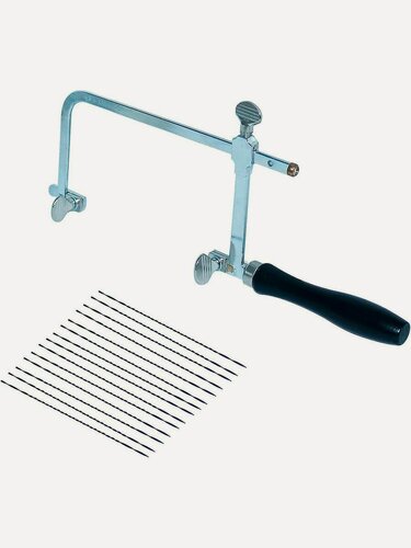 Изображение товара Ручной лобзик с 12 пилками, школьный. Пила ювелирная по дереву, пластику, металлу.