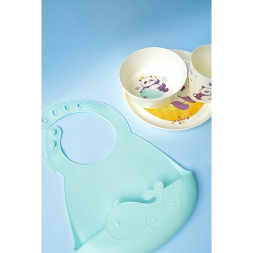 фото Набор детской посуды lalababy lettering тарелка, миска, стакан, нагрудник 204*140*52 мм