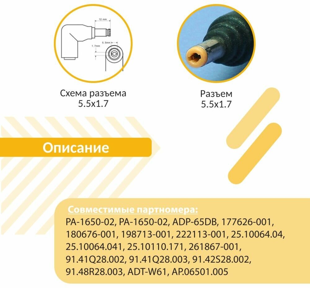 Блок питания (сетевой адаптер) Amperin AI-AC65A для ноутбуков Acer, 19V, 3.42A, 5.5x1.7мм, код 013024