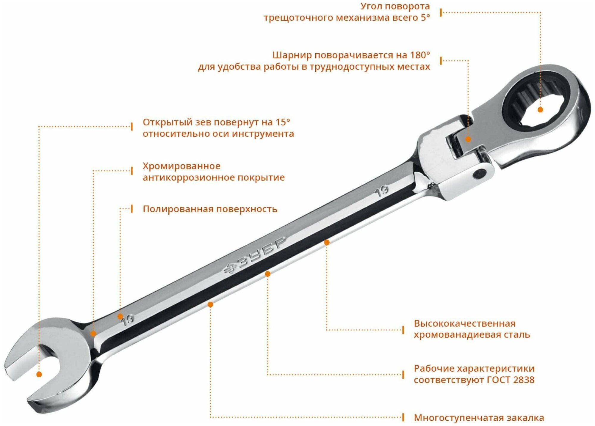 Набор комбинированных трещоточных ключей ЗУБР - фото №4