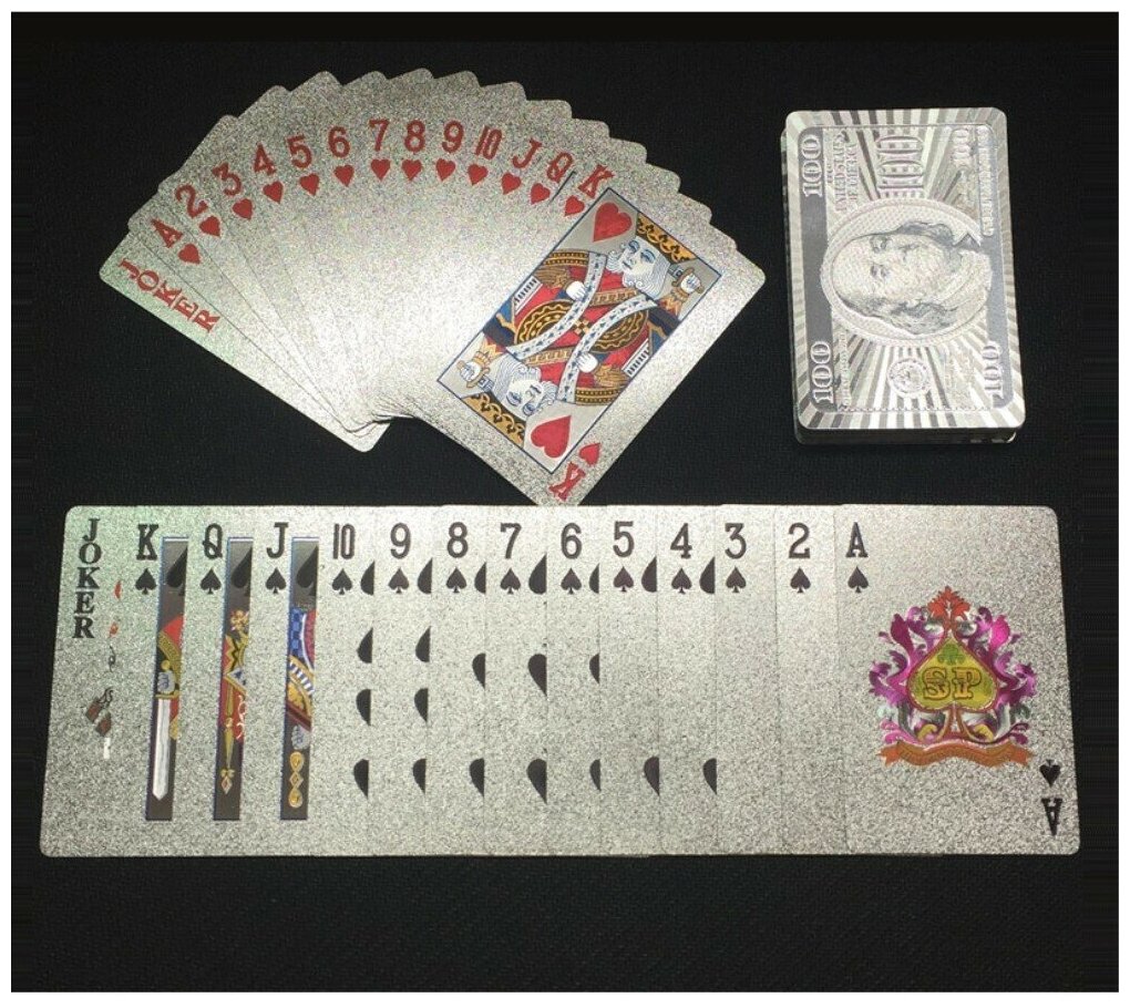 Набор стильных водонепроницаемых пластиковых игральных карт для покера и пр, 54 шт. - серебристые, 100 долларов