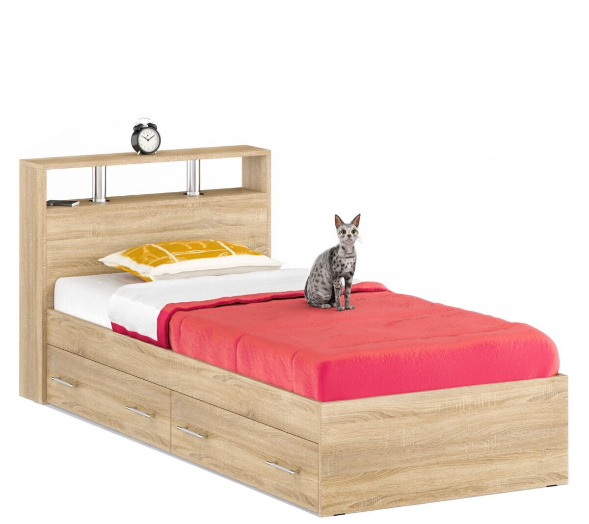 Кровать с ящиками Камелия 900, цвет дуб сонома, ШхГхВ 93,5х217х78,2 см, спальное место 900х2000 мм, без матраса, основание есть