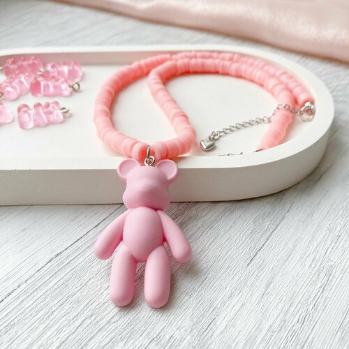 Колье Miss M Колье-чокер и каучуковых бусин с кулоном - мишкой, длина 42 см, розовый