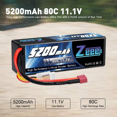 аккумулятор lipo bonka 3300мач 45c 11 1v жесткий кейс bonka bkcar 3300 45 3s1p Аккумулятор для радиоуправляемой машинки 11.1V Li-Po 5200mah 80C разъем T-plug