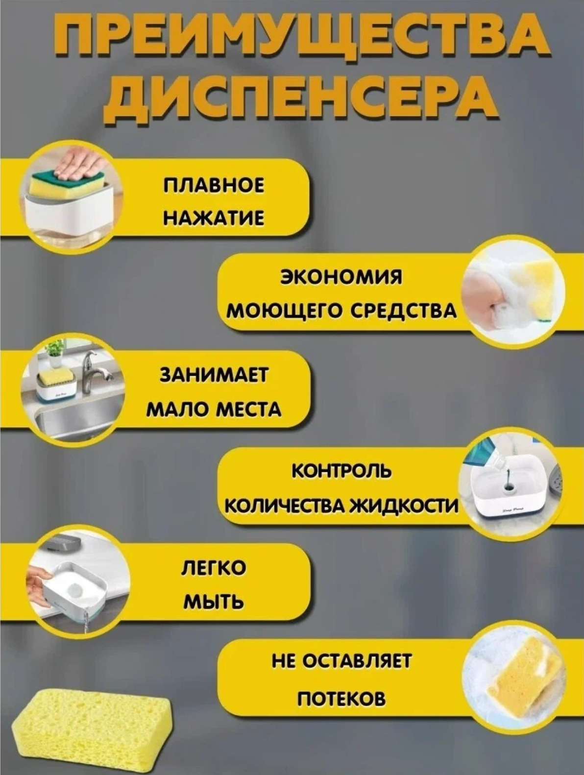 Дозатор для жидкого мыла, с губкой, пластиковый, белый/серый — фото 1