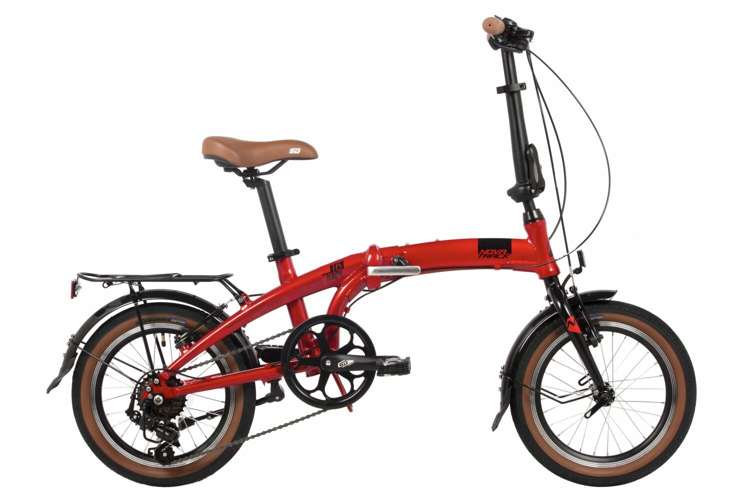 Велосипед Novatrack Town 16" (2024) (Велосипед NOVATRACK 16" TOWN красный, складной алюм. Shimano 7 speed, стальная вилка, вынос, алюм. р)