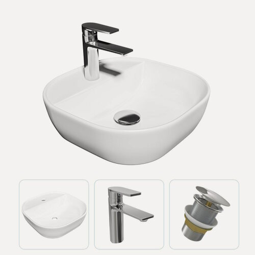 Изображение товара Раковина накладная для ванной Teymi Solli 40 в комплекте смеситель хром и донный клапан клик-клак без перелива хром F07654