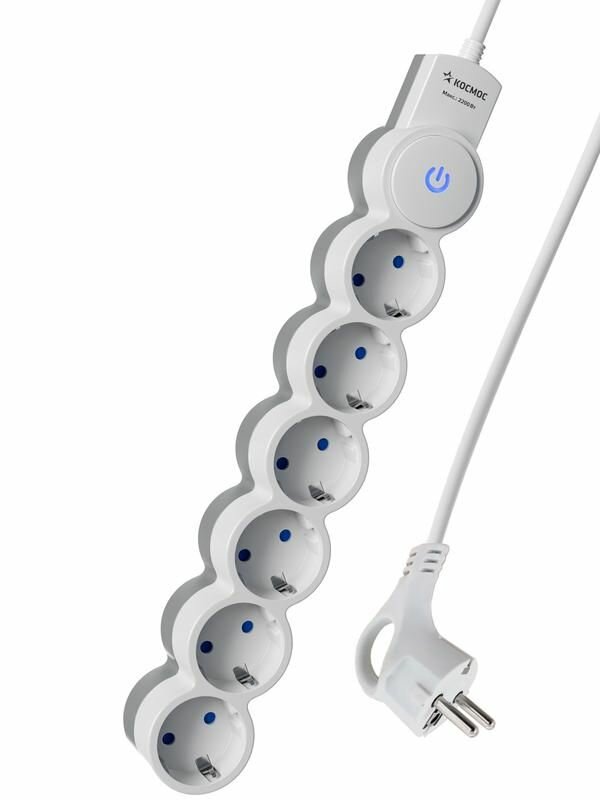 Удлинитель 6х3м с заземл. IP20 с выкл. 10А 2200Вт 220В защ. шторки ПВС 3х1 бел. Космос YKsm3m-6g-Z-V10A-W