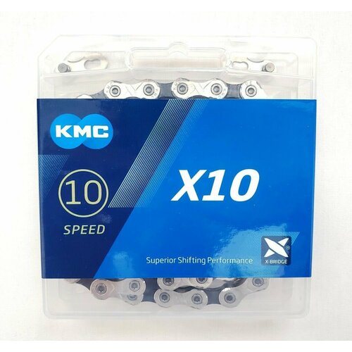 Цепь KMC X10, 10 ск. 114 звеньев Серебристо-черный sumc цепь sumc sx10 1 2x11 128 10 ск 116 звеньев серебристо серая с замком sl559r аналог kmc x10