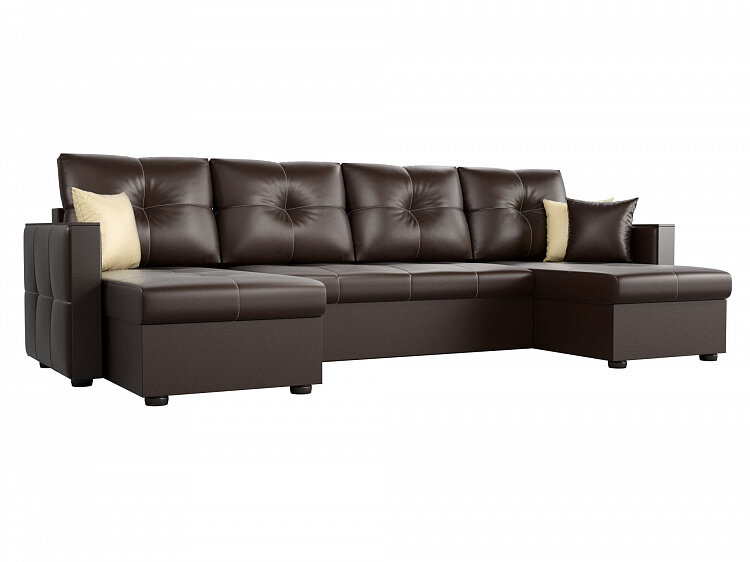 Угловой диван П-образный Валенсия Люкс коричневый экокожа, дельфин, 303х150х85 см, с ящиком для белья