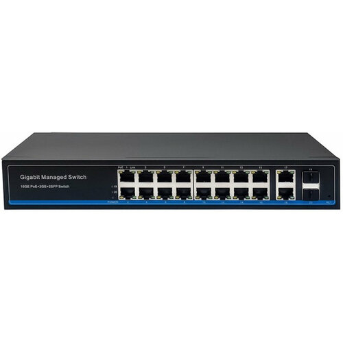 Управляемый L2 PoE коммутатор Gigabit Ethernet на 16 RJ45 PoE + 2 x RJ45 + 2 GE SFP портов. Порты: 16 x GE (10/100/1000 Base-T) с поддержкой PoE (IEEE коммутатор osnovo гигабитный l3 poe на 28 портов 24 10 100 1000 base t poe 4 10g sfp uplink poe на порт до 30w суммарно до 400w