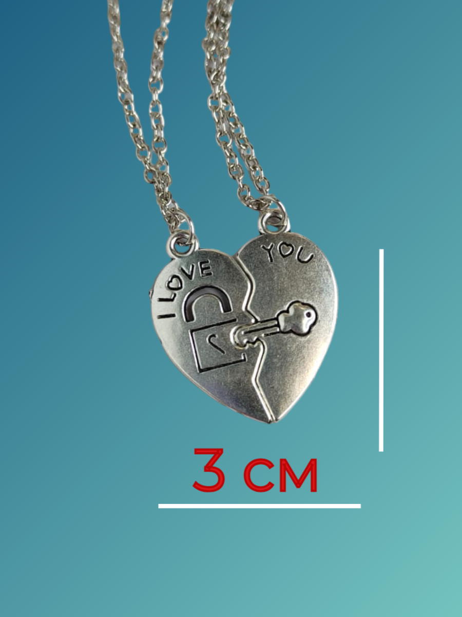 Колье Jewellery by V.K. на шею "LOVE YOU", двойные подвески для пары "Половинки сердца", парные кулоны, аксессуары для влюбленных, металл