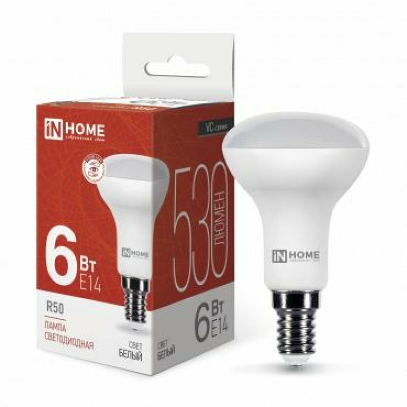 Светодиодные лампы IN HOME Лампа светодиодная LED-R50-VC 6Вт рефлектор 4000К нейтр. бел. E14 530лм 170-265В IN HOME 4690612024264 (упаковка 5 шт)