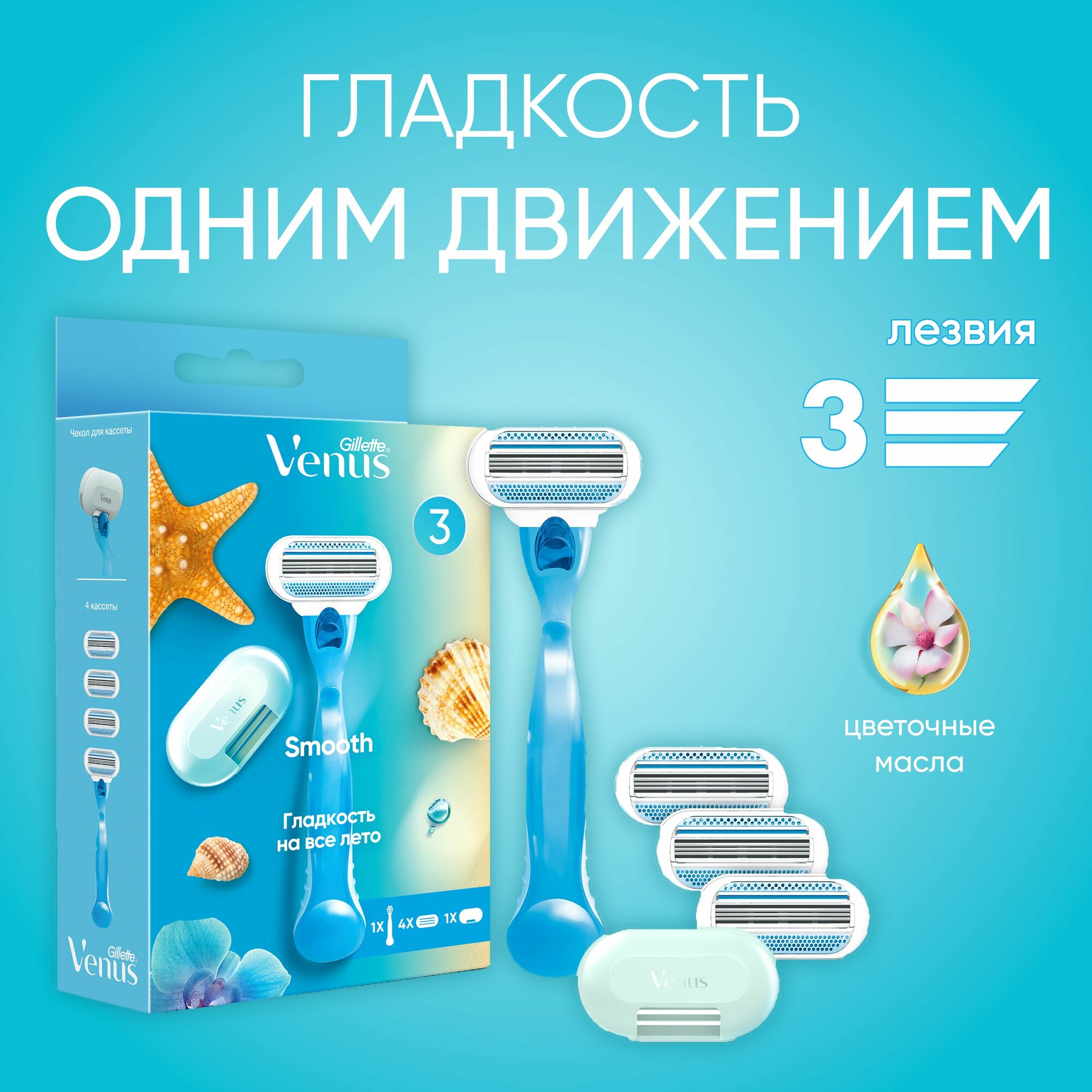 Подарочный набор с женской бритвой Gillette Venus Smooth + 4 кассеты + чехол