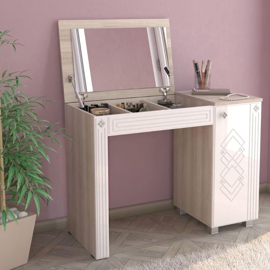 фото Туалетный столик Амели Дуб Сонома светлый/ Белый глянец ЛДСП/МДФ, с тумбой, для спальни, дома, дачи 1000х750х 453 МК стиль