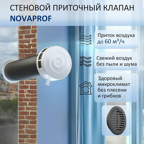 Приточный клапан стеновой NovaPROF КИВ-125 с круглым оголовком с трубой 06 м решеткой RAL7024 1859₽