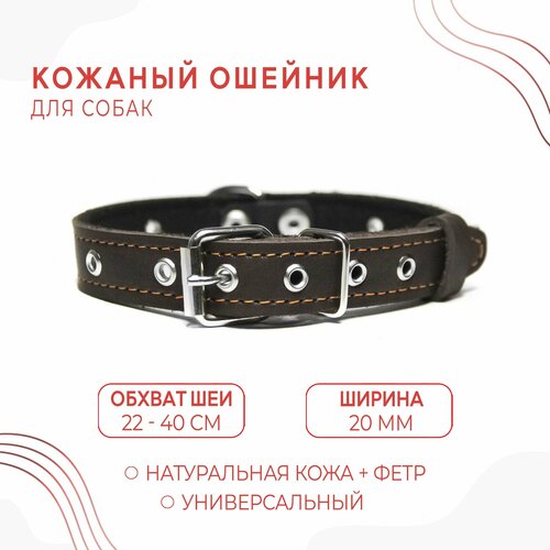 Кожаный ошейник на фетре (обхват шеи 22-40 см.) для собак / Коричневый