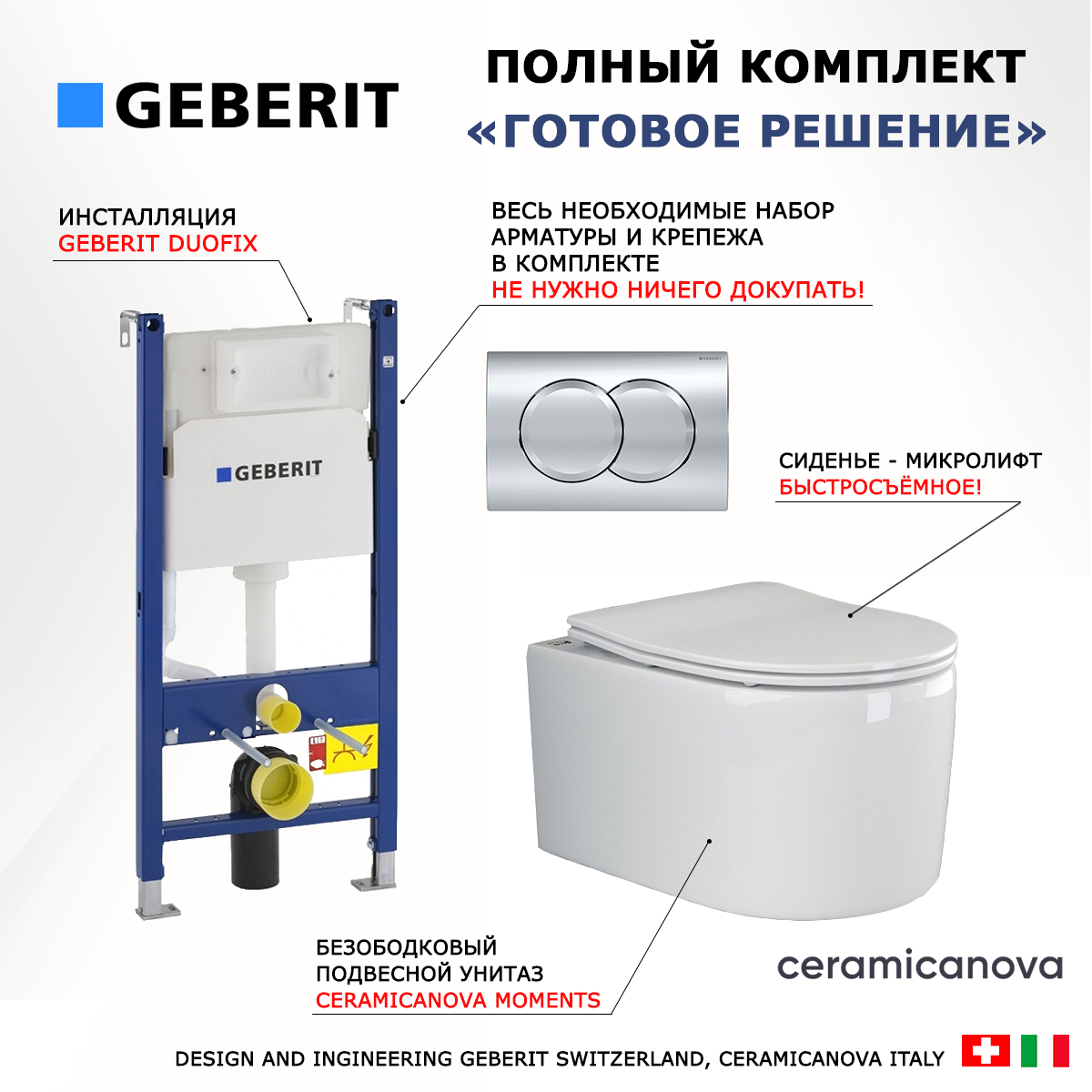 фото Комплект 3 в 1 инсталляция Geberit Duofix +Унитаз подвесной Ceramica Nova Moments CN3003 с микролифтом, безободковый, белый + кнопка хром Delta01